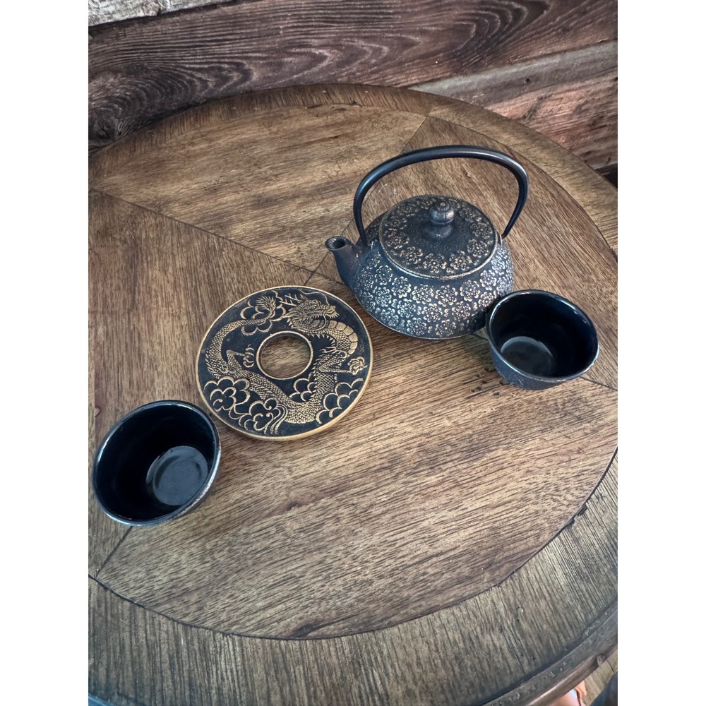Vintage Iwachu Japanese Cast Iron Teapot Set Gold Dragon Trivet Cups Tetsubin